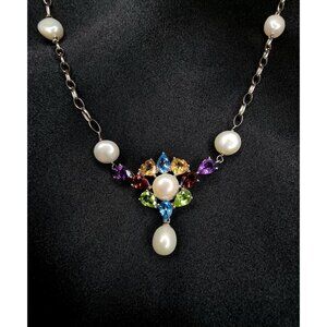 Ross-Simons 925 Sterling Silver Necklace W/ Cultured Pearls & Multicolor Gemston